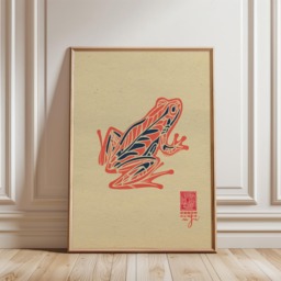 Red Blue Frog Poster - Linocut Folk Animal Illustration Graphic Nature Wall Art - thumbnail 1