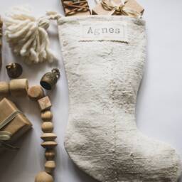 White Mudcloth Christmas Stocking With Pom Poms, Cream Minimalist Decor - thumbnail 2