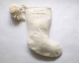 White Mudcloth Christmas Stocking With Pom Poms, Cream Minimalist Decor