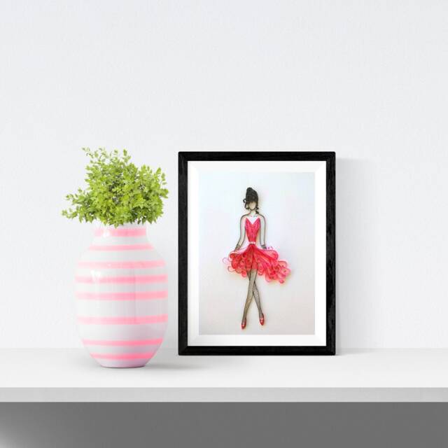 Quilling Art Dress Decor Elegant Woman in Red - 9x6 Inches - image 1