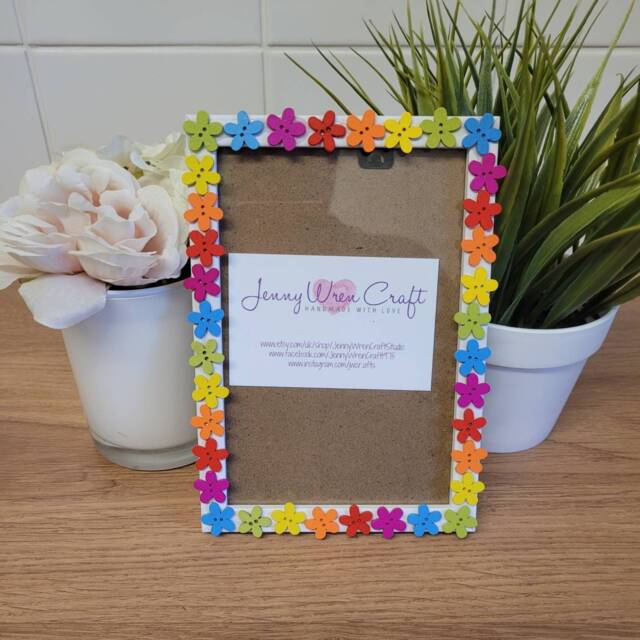 Wooden Flower Shaped Button Rainbow Photo Frame 4 X 6 Inches - image 1