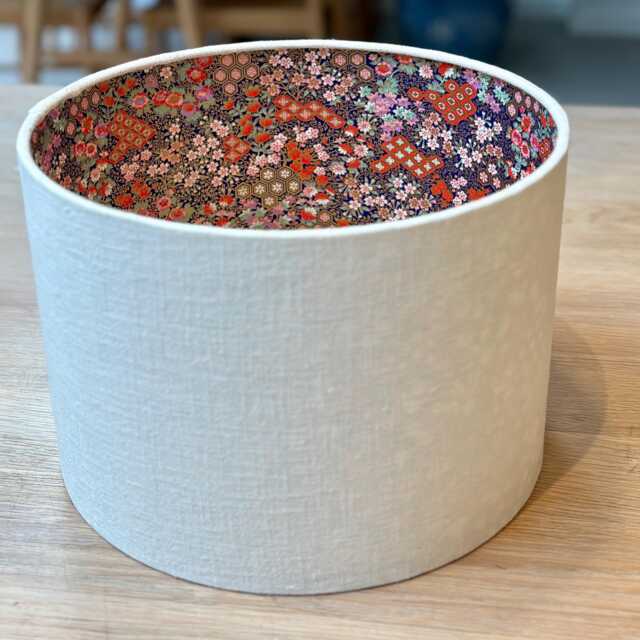 Luxury Lampshade Using Beautiful Japanese Chirugami - Yuzen Paper Cream Linen Exterior Mixed Gold, Red, Pink, Green Red Interior - image 1