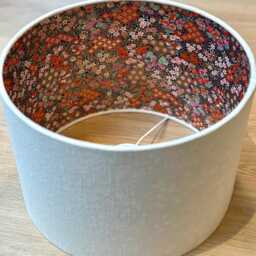 Luxury Lampshade Using Beautiful Japanese Chirugami - Yuzen Paper Cream Linen Exterior Mixed Gold, Red, Pink, Green Red Interior - thumbnail 4