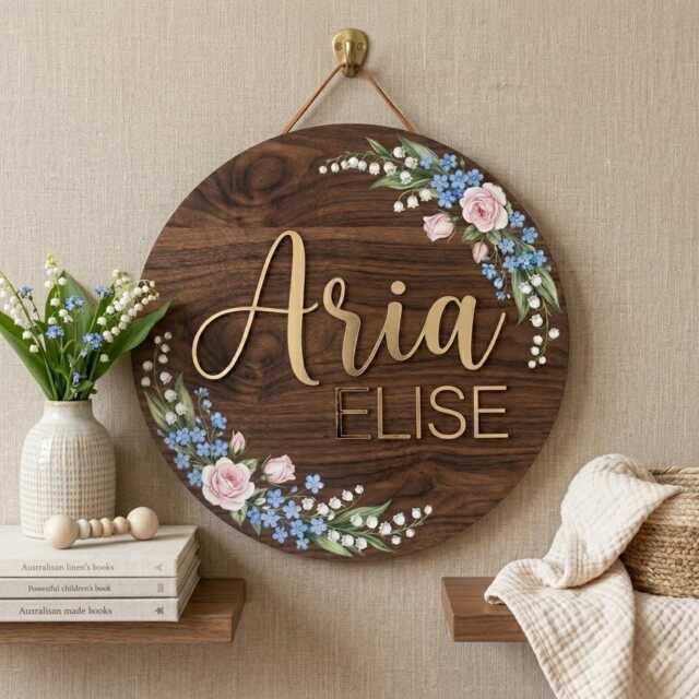Personalized Round 3D Nursery Name Sign Boho Floral Pattern, Custom Girl Decor, Wood Wall Art, Baby Shower Gift - image 1
