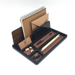Walnut & Black Desk Organizer Wooden Office Storage