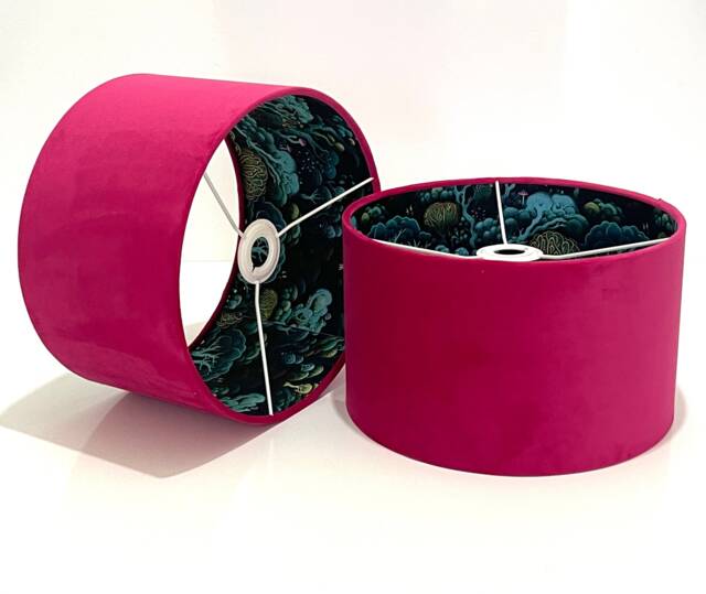 New Luxury Hq Double Hot Pink Velvet & Plants Lining Peacock Teal Colour Jungle Combination Lamp Shade Pendant Light - image 1
