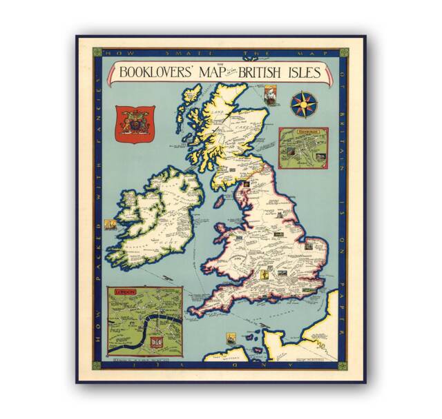 Booklovers' Map Of The British Isles - Vintage Antique 1927 Britain Old Wall Print- Poster Art-Wall Art - image 1