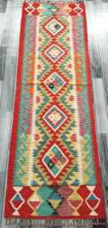 Multicolour Runner Rug, Handmade Artisan Afghan Turkish Scandinavian Navajo Bohemian Flatweave Wool Kilim Rug 211x67 cm - thumbnail 1