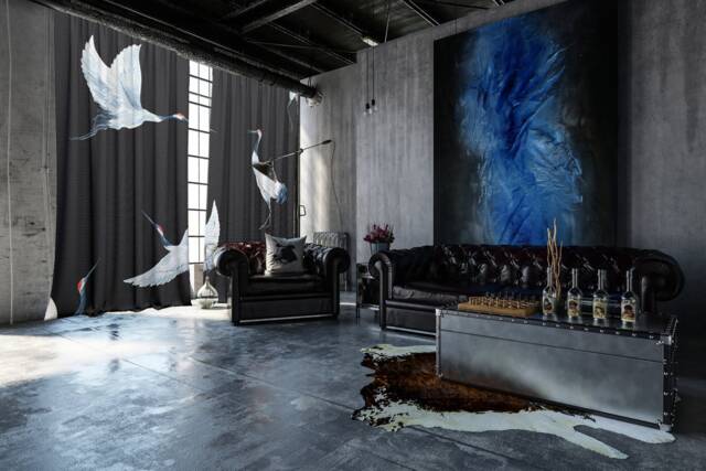 Set Of 2 Velvet Curtain Panels With Birds, Cranes - image 1