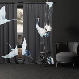 Set Of 2 Velvet Curtain Panels With Birds, Cranes - thumbnail 3