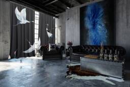 Set Of 2 Velvet Curtain Panels With Birds, Cranes
