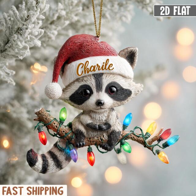 2D Flatcustom Raccoon Christmas Ornament, Custom Baby Name Acrylic Cute Tree Decor, Lover Gift - image 1