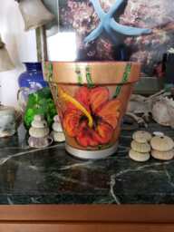 Hand Painted Flower Pot, Made To Order, Tropical Flowers, Purple Blue Pink Plumeria, Green Bamboo, Hawaiian Theme, Decorative Plant Pot - thumbnail 1