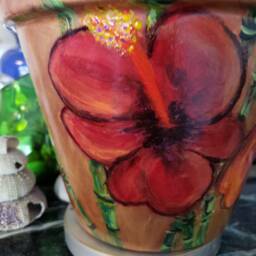 Hand Painted Flower Pot, Made To Order, Tropical Flowers, Purple Blue Pink Plumeria, Green Bamboo, Hawaiian Theme, Decorative Plant Pot - thumbnail 3