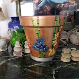 Hand Painted Flower Pot, Made To Order, Tropical Flowers, Purple Blue Pink Plumeria, Green Bamboo, Hawaiian Theme, Decorative Plant Pot - thumbnail 4