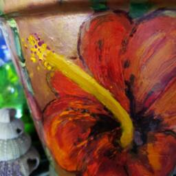 Hand Painted Flower Pot, Made To Order, Tropical Flowers, Purple Blue Pink Plumeria, Green Bamboo, Hawaiian Theme, Decorative Plant Pot - thumbnail 2