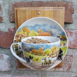 Vintage Teacup Bird Feeder Collie & Sheep Design, Wall Mounted