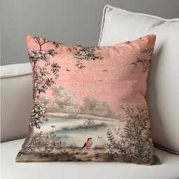 Pink Scenic Bird Cushion Cover, Classic Landscape Pillow Case, Romantic Nature Floral Throw Pillowcase For Sofa Bedroom Decor - thumbnail 4