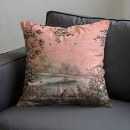 Pink Scenic Bird Cushion Cover, Classic Landscape Pillow Case, Romantic Nature Floral Throw Pillowcase For Sofa Bedroom Decor - thumbnail 3