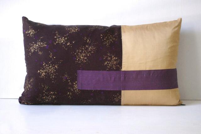 Gold & Purple Silk, Black Cotton Print Pillow - image 1
