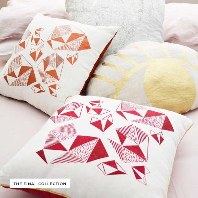 Fuchsia Geometric Throw Pillow - Screen Print Linen Cushion, Gold Trim - image 1