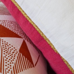 Fuchsia Geometric Throw Pillow - Screen Print Linen Cushion, Gold Trim - thumbnail 3