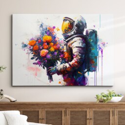 Astronaut Bouquet Flowers Burst Floral Abstract Oil Painting Wall Art, Framed Canvas Poster Print, Home Kitchen Office Room Decor, Gifts - thumbnail 1