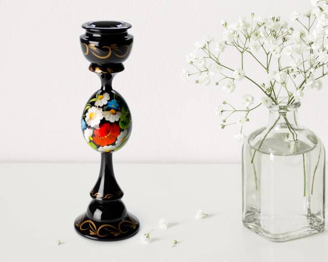 Hand Painted Ukrainian Candlestick Holder Black Wooden Table Decor S181 - image 1