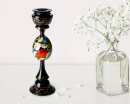 Hand Painted Ukrainian Candlestick Holder Black Wooden Table Decor S181 - thumbnail 1