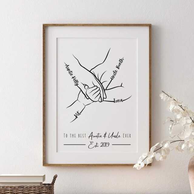 Personalised Auntie & Uncle Hands Line Art Print, Christening Gift, Minimalist Style - image 1