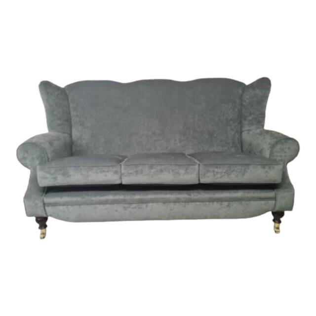 Wing Back Queen Anne Sofa Plush Grey Fabric, Solid Wood Legs - image 1