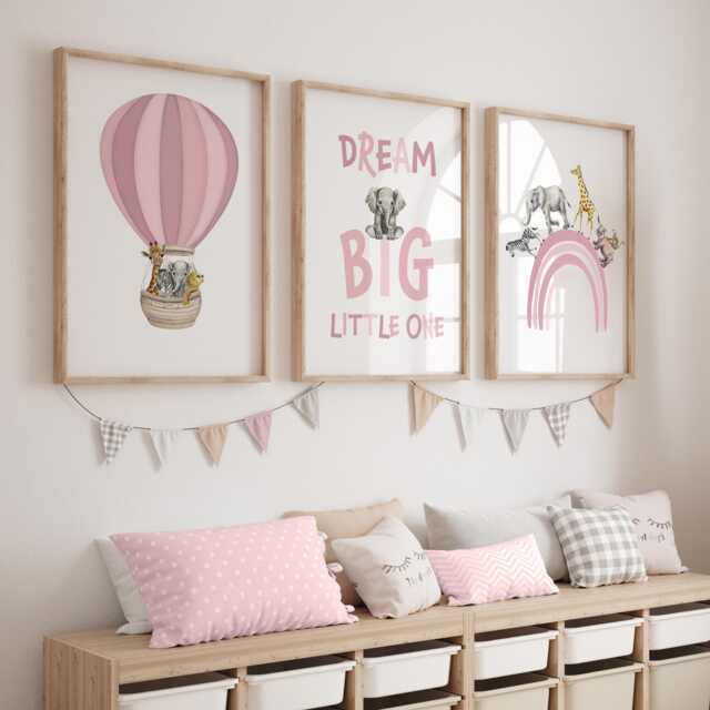 Safari Nursery Prints Set Rainbow, Hot Air Balloon, Dream Big - image 1