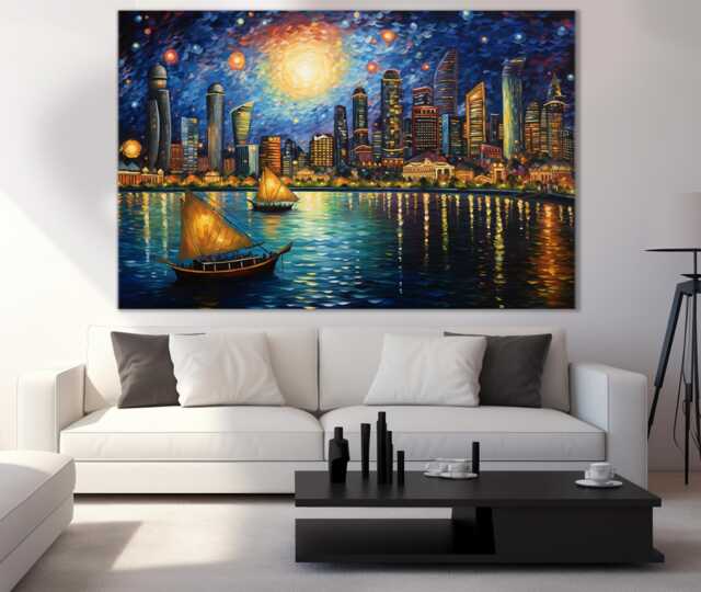 Singapore Canvas Print in Van Gogh Starry Night Style, Skyline, Wall Decor, Art, Gift - image 1