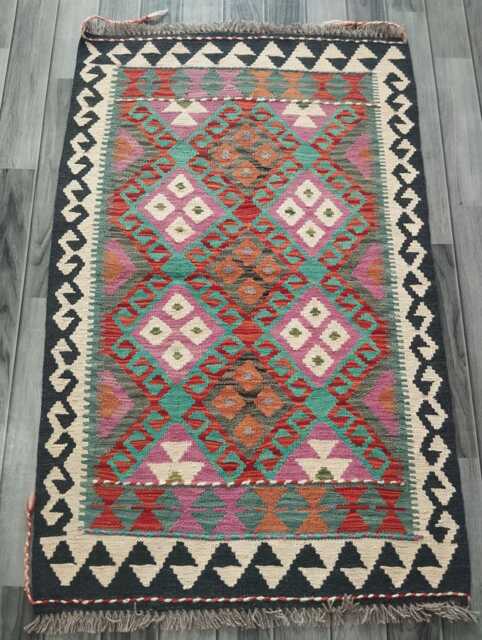 Afghan Kilim Rug, Handmade Artisan Multicolour Turkish Persian Navajo Moroccan Bohemian Flatweave, Natural Wool Dhurrie Rug 123x78 cm - image 1