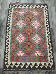 Afghan Kilim Rug, Handmade Artisan Multicolour Turkish Persian Navajo Moroccan Bohemian Flatweave, Natural Wool Dhurrie Rug 123x78 cm - thumbnail 1