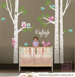 Birch Trees Wall Decal For Nursery, & Personalized Name Decal, Forest Animals Owls Squirrels Birds Baby Room Decor