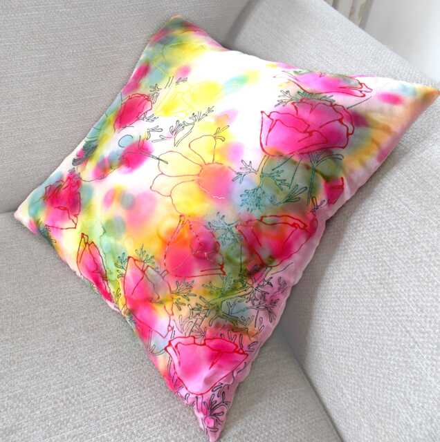 Hand-Painted Silk Cushion Cover Pink Floral Design - 40cm Sq - image 1