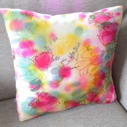 Hand-Painted Silk Cushion Cover Pink Floral Design - 40cm Sq - thumbnail 2