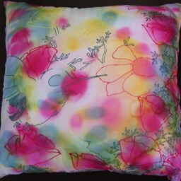 Hand-Painted Silk Cushion Cover Pink Floral Design - 40cm Sq - thumbnail 3