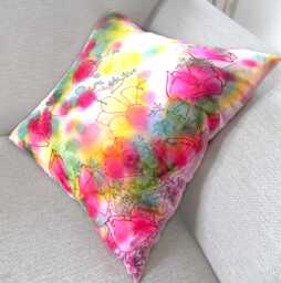 Silk Cushion Cover. Handpainted. Pink, Yellow, White, Green. Birthday Gift For Her