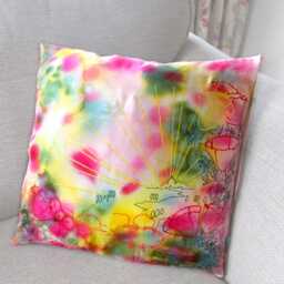Silk Cushion Cover. Handpainted. Pink, Yellow, White, Green. Birthday Gift For Her - thumbnail 4