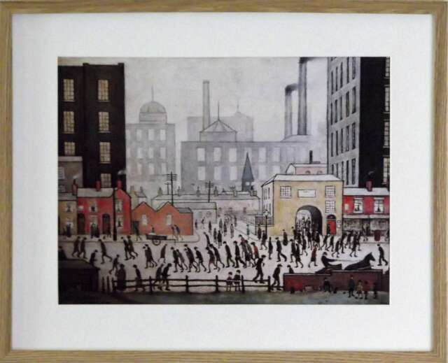 L S Lowry Art Print - Coming From The Mill Light Oak Finish Frame With White Mount & Textured Image - image 1