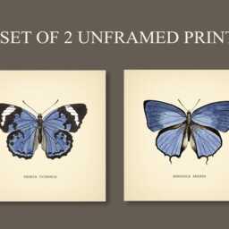 Blue Butterflies Set Of 2 Prints Botanical Print Square Butterfly Neutral Home Decor Vintage Wall Art - thumbnail 2
