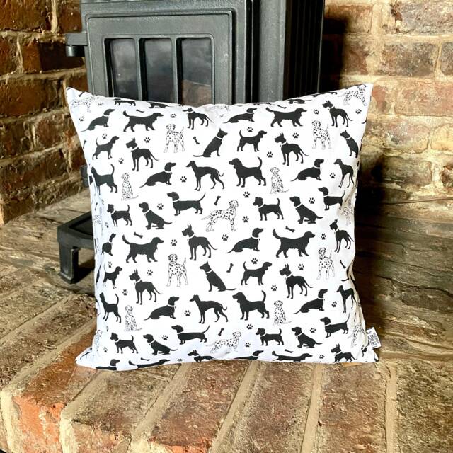 941. Handmade 100% Cotton Cushion Cover - Black Dogs On White, Various Sizes
