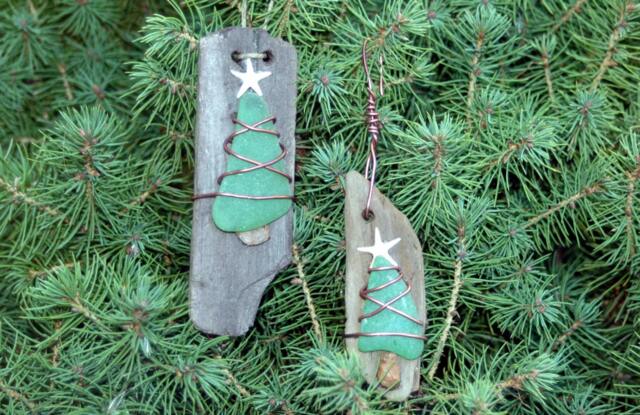 Handmade Driftwood & Sea Glass Christmas Tree Ornament Set, Rustic Coastal Decor - image 1