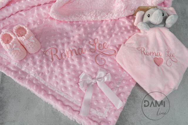 Personalised Baby Girl Gift Set - Pink Blanket-New Style, Elephant Comforter & Knitted Booties Shower Present 3 Piece Newborn - image 1