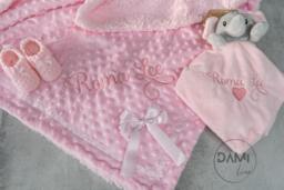 Personalised Baby Girl Gift Set - Pink Blanket-New Style, Elephant Comforter & Knitted Booties Shower Present 3 Piece Newborn