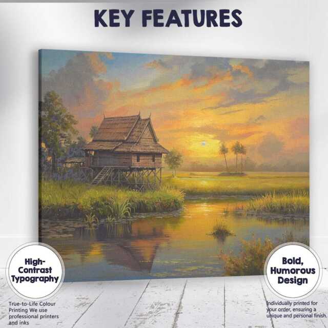 Peaceful Countryside Stilt House River Sunset Landscape Canvas Wall Art Print Decor Picture Ready To Hang - image 1