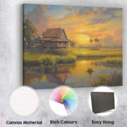 Peaceful Countryside Stilt House River Sunset Landscape Canvas Wall Art Print Decor Picture Ready To Hang - thumbnail 2