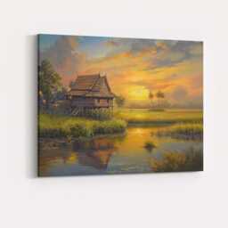 Peaceful Countryside Stilt House River Sunset Landscape Canvas Wall Art Print Decor Picture Ready To Hang - thumbnail 4
